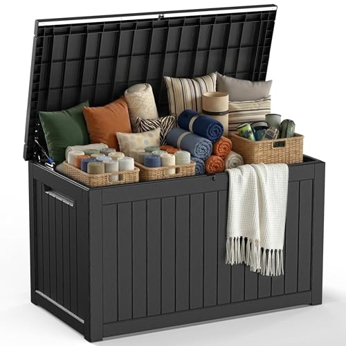 Vixzen 281 Gallon Large Outdoor Storage Box Waterproof, UV Resistant Resin Deck Box with Hydraulic Rod & Lockable Latch for Patio Furniture, Outside Storage Box for Garden Tools, Patio Cushions, Black - color: Black, size: 281 Gallon