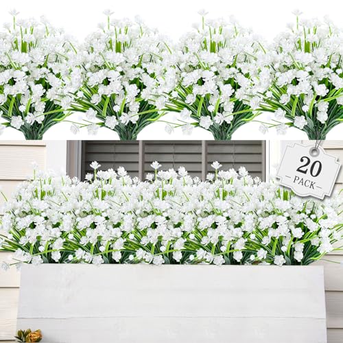 AmyHomie 20 PCS Artificial Flowers for Outdoors, UV Resistant Fake Plants - color: Pure White, size: 20