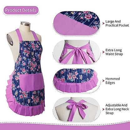 Retro Floral Apron for Women With Pockets for Cooking & Gifting - color: Purple