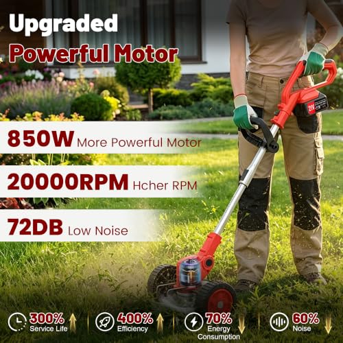21V Cordless Weed Wacker with 2 Batteries & Wheels, Battery Powered Weed Eater, Electric String Trimmer, Grass Trimmer & Lawn Edger 4-in-1, Lightweight Weed Trimmer for Lawn Garden