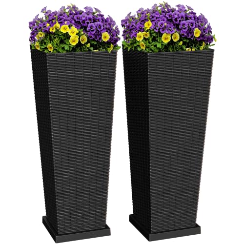 Greesum 32 Inch Tall Plastic Planters with Drainage Holes (Set of 2), Black - color: Black, size: 30" Height with Tray