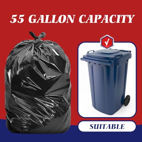 Teivio Large Black Trash Bags 55-60 Gallon 20 Count 50 Gal Garbage Bags