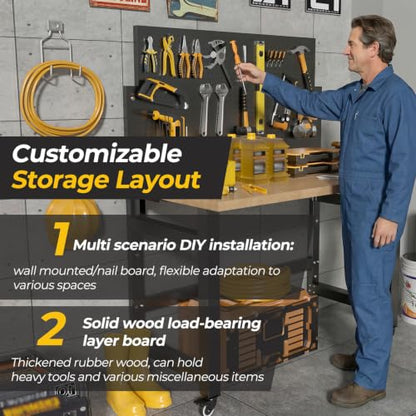 Mobile Folding Workbench, Pegboard & Wood Top Work Table, 1 Pack - size: 59"H x 47.2"W x 23.6"D