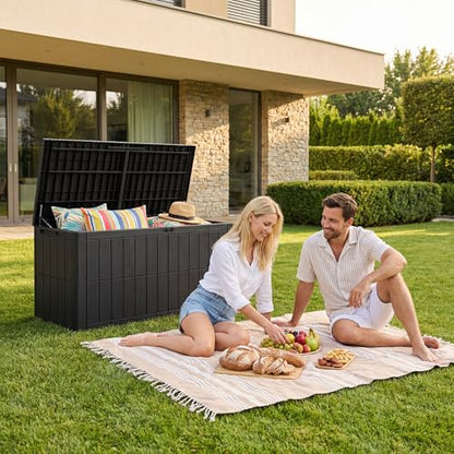100 Gallon Deck Box Outdoor Storage Box Lockable Waterproof Resin Indoor Outdoor Storage Container for Patio Cushions, Tools, Package Delivery Boxes for Outside