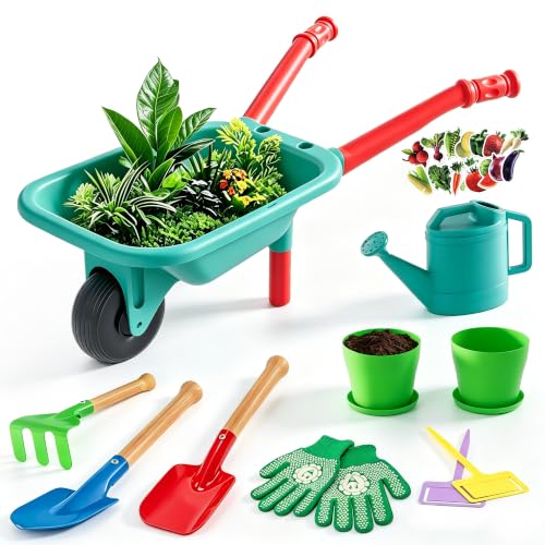 Kids Gardening Set with Wheelbarrow, Real Metal Tools for Outdoor Play