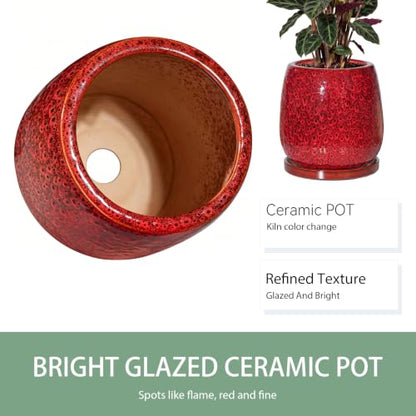 10.3 Inch Ceramic Glaze Plant Pot with Saucer, Flower Pots with Drainage Hole Mesh Net (Spot Red) - color: Spot Red