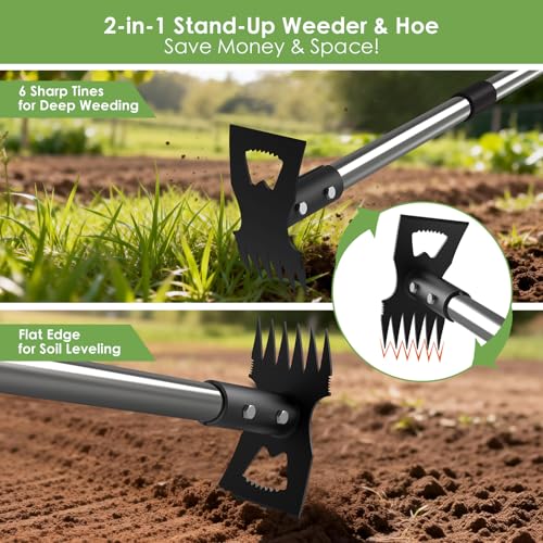 2-in-1 Garden Hoe & Weed Puller Rake, 63" Adjustable Long Handle