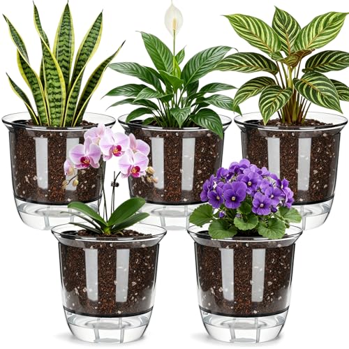 Self Watering Pots Set, Clear Self Planter Pot for Indoor Plants - size: Round, 5Pcs Large
