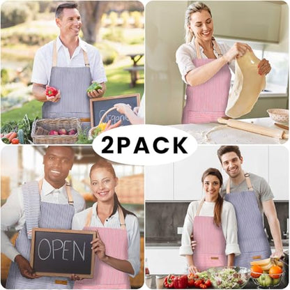 BeLuyi 2 Pack Adjustable Bib Apron with 2 Pockets Chef Cooking Kitchen Restaurant Aprons for Women Men - color: Blue/Red Pinstripes