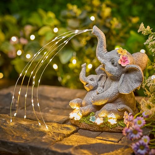 Brightown Solar-Elephant-Garden-Decor-Statue with Succulent & Watering LED Lights, Waterproof Outdoor Decor for Patio, Lawn, Balcony & Yard Decorations Outdoor, Unique Mothers Day Gifts for Mom Women - color: Gray Elephant