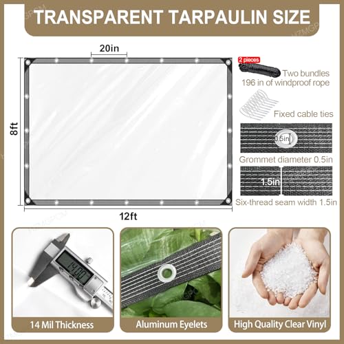 Clear Tarp 8x12 ft with Grommets Thickened 14 Mil Tear Resistant Reinforced Edges Clear Vinyl Tarp for Greenhouse Sunshade and Rainproof Tarpaulin Chicken Coop - size: clear tarp 8x12ft
