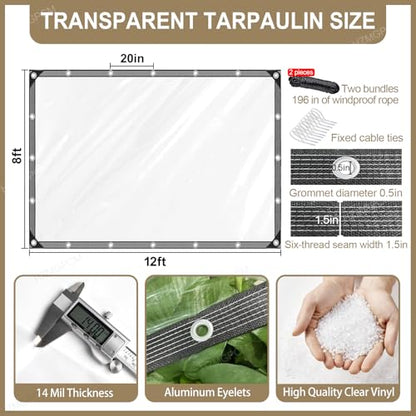 Clear Tarp 8x12 ft with Grommets Thickened 14 Mil Tear Resistant Reinforced Edges Clear Vinyl Tarp for Greenhouse Sunshade and Rainproof Tarpaulin Chicken Coop - size: clear tarp 8x12ft