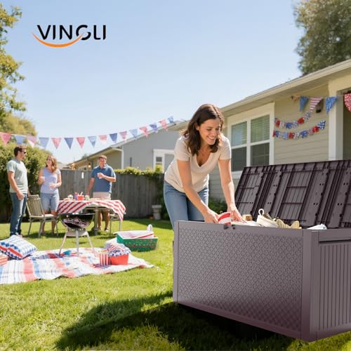 VINGLI 90 Gallon Lockable Durable Outdoor Storage Box, Brown - color: Brown
