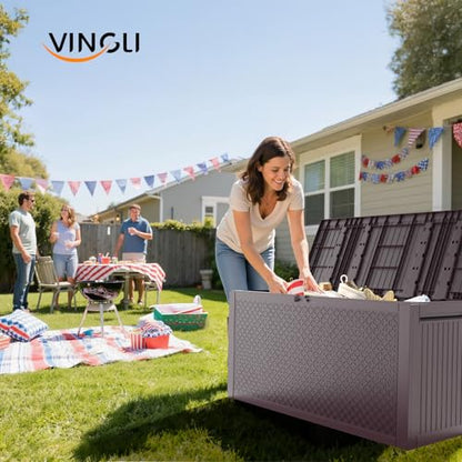 VINGLI 90 Gallon Lockable Durable Outdoor Storage Box, Brown - color: Brown
