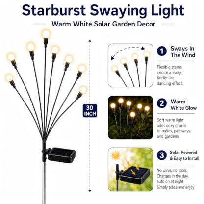 TONULAX Solar Garden Lights - 8 Pack 64 LED Upgraded Solar Swaying Light, Sway by Wind, Outdoor Lights, Yard Patio Pathway Decoration, High Flexibility Iron Wire & Heavy Bulb Base, Warm White - size: 8 Pack