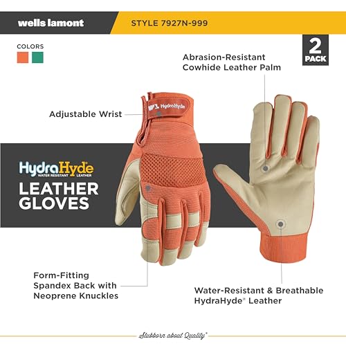 Wells Lamont Women's HydraHyde Leather Hybrid Gloves - color: Green & Orange, size: Large, style: 2-pack