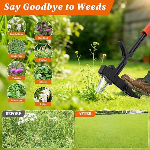 Stand-Up Weeder Puller Tool with Quick-Release Ejector & Foot Pedal, 39” Adjustable Long T Handle, 4 Claw Steel Head for Effortless Deep Root Weed Removal, Heavy Duty Garden Manual Weeder Tool