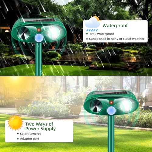2 Pack Solar Ultrasonic Animal Repeller with USB-C Fast Charge, Double-Sealed IP65 Waterproof Deterrent for Garden, Motion Sensor Deer Cat Dog Skunk Rabbit Raccoon Squirrel Repellent