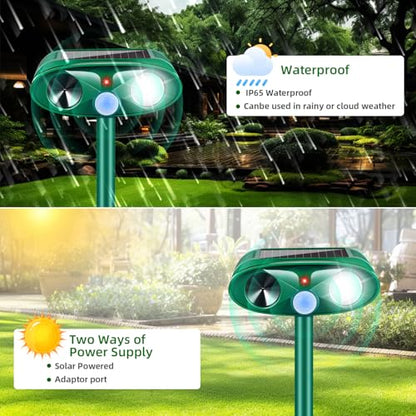 2 Pack Solar Ultrasonic Animal Repeller with USB-C Fast Charge, Double-Sealed IP65 Waterproof Deterrent for Garden, Motion Sensor Deer Cat Dog Skunk Rabbit Raccoon Squirrel Repellent