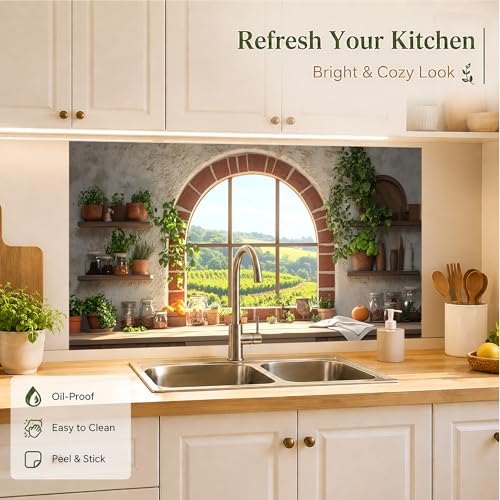 Kitchen Wallpaper 17.3x28 in Vineyard Window Herb Garden for Backsplash - color: Colorful1273