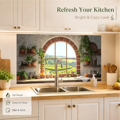 Kitchen Wallpaper 17.3x28 in Vineyard Window Herb Garden for Backsplash - color: Colorful1273