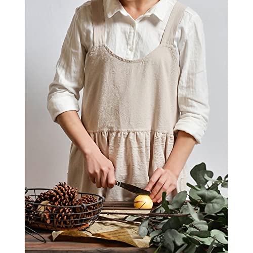 Cotton Linen Apron Cross Back Apron for Women with Pockets Pinafore Dress - color: 2 Pack-beige+light Green