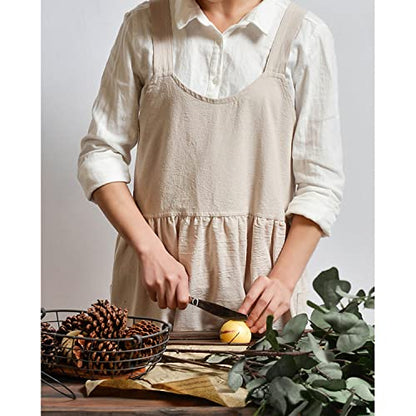 Cotton Linen Apron Cross Back Apron for Women with Pockets Pinafore Dress - color: 2 Pack-beige+light Green