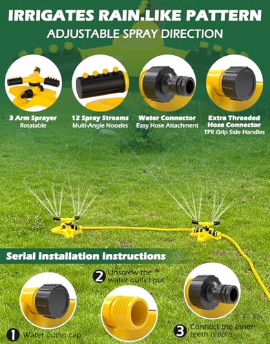 360 Degree Rotating Garden Sprinkler for Yard, Lawn and Large Area Coverage with 3 Adjustable Arms (Yellow)