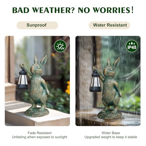 Rabbit Garden Statues with Solar Lantern Bunny Outdoor Figurine