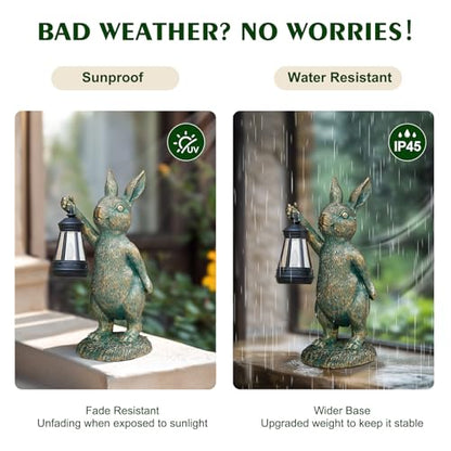 Rabbit Garden Statues with Solar Lantern Bunny Outdoor Figurine