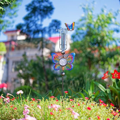 Rain Gauge Outdoor with 7 Inch Plastic Tube - color: Blue-Butterfly