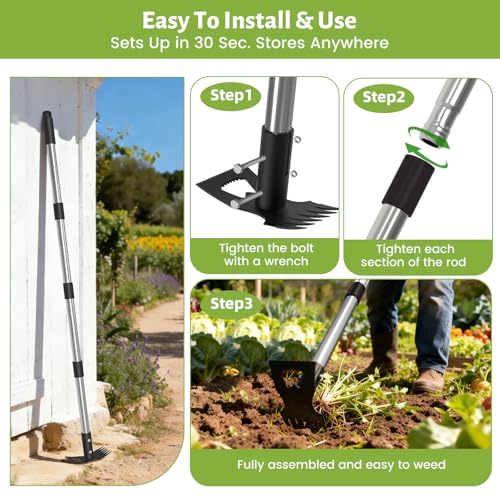 2-in-1 Garden Hoe & Weed Puller Rake, 63" Adjustable Long Handle
