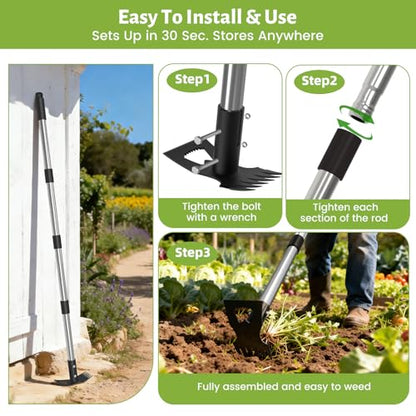 2-in-1 Garden Hoe & Weed Puller Rake, 63" Adjustable Long Handle