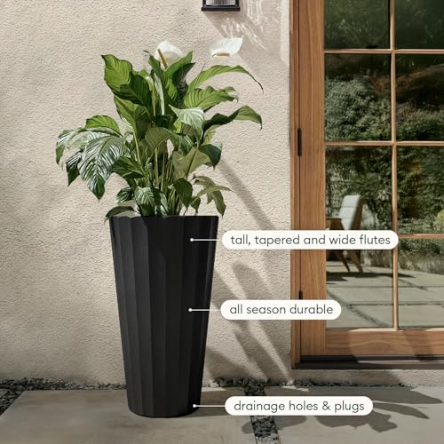 Veradek Column Series Tall Planter - Tapered Outdoor Planter with Shelf - color: Black, style: Wide Groove