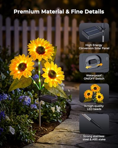 Brightown 6 Pack 3 Head Solar Sunflower Garden Stake Lights Waterproof - color: Yellow, size: 6 Packs