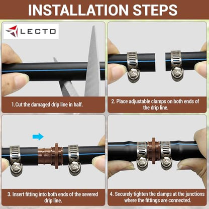 LECTO Universal 5/8", 1/2", .700" Drip Line Repair & Extension Kit – 3 Pack Plastic Couplers with 6 Stainless Steel Hose Clamps - style: Coupler