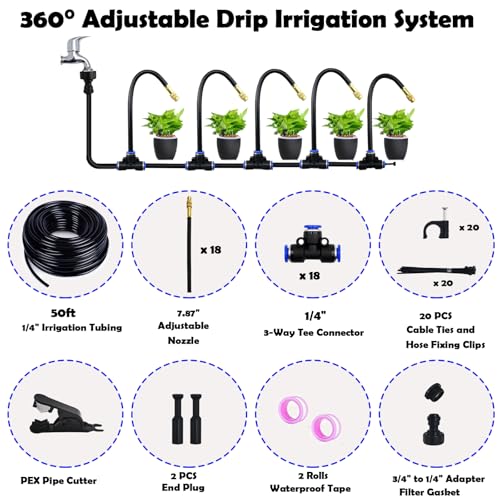 50ft Drip Irrigation System with 18pcs Misting Sprinkler Kit