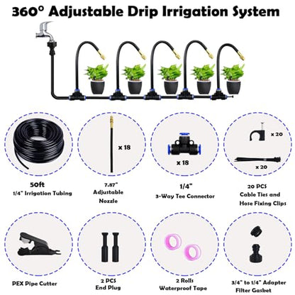 50ft Drip Irrigation System with 18pcs Misting Sprinkler Kit