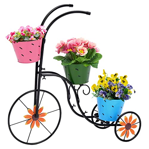 LEWIS&WAYNE Metal Tricycle Planter, 3 Tier Floral Flower Plant Stand Holder Hand Painted Outdoor Garden Patio Decor - color: ['Pink', 'Blue', 'Green']