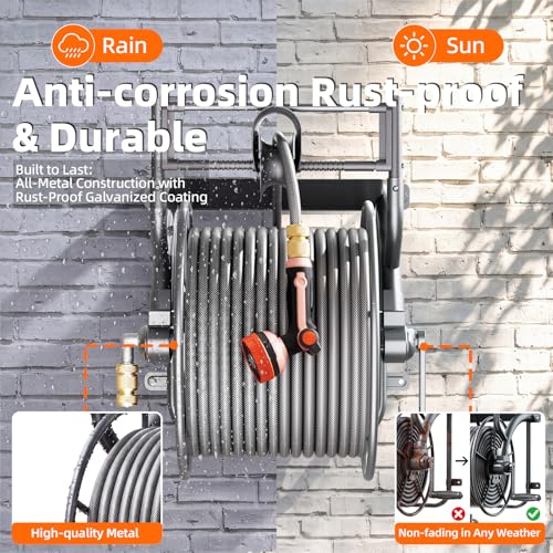 Metal Wall Mounted Garden Hose Reel Holds 150 ft 5/8" or 230 ft 1/2" Hose