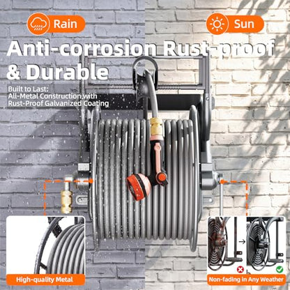 Metal Wall Mounted Garden Hose Reel Holds 150 ft 5/8" or 230 ft 1/2" Hose