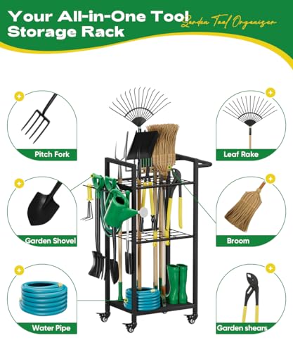 Garden Tool Organizer with Wheels, Yard Tower Rack, Black - color: black