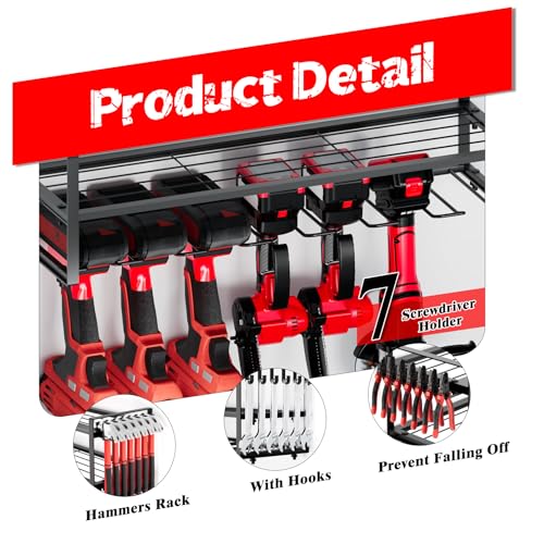 4 Layer Power Tool Organizer - Tool Rack with 7 Drill Holders, Heavy Duty Drill Holder Wall Mounted Rack, Garden Tool Storage, Garage Storage Metal Shelves, for Garage, Home, Workshop