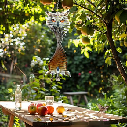 2-in-1 Metal Wind Spinners with Double Sided Owl Picture Bird Reflector for Window, Outdoor Patio, Garden, Farm (1, 12x5.6 in) - size: 12x5.6 in