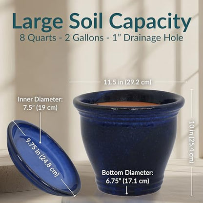 Sunnydaze 11 in Round Ceramic Planters & Saucers - Set of 2 - Imperial Blue