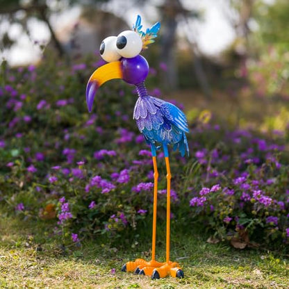27“ Metal Purple Big-Eyed Bird Statue Garden Decor - color: Blue Flamingo