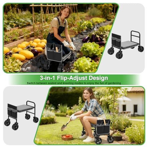 Garden Kneeler and Seat with 360° Wheels: 3-in-1 Rolling Gardning Stool
