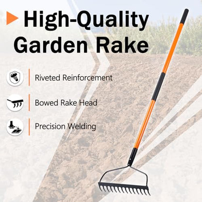 Nohovu Garden Rake - 14 Tine Heavy Duty Rake with 58 Inch Fiberglass Handle
