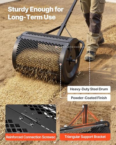 VEVOR Compost Spreader, 16.5" Wide Peat Moss Spreader with T Shaped Handle, 3 Heights Adjustable, Powder-Coated Steel Garden Peat Moss Roller, Heavy Duty Grass Seed Roller for Planting Seeding, Black - size: 16.5in