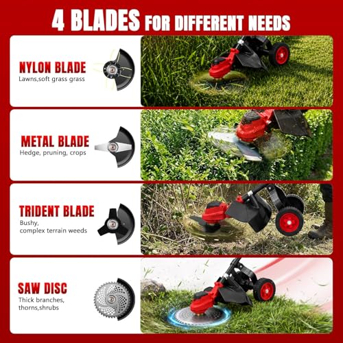 4-in-1 Electric Weed Wacker with Wheels, 20000RPM Cordless Weed Whacker & Brush Cutter, Lightweight 21V Battery Powered Lawn Edger with 2 Batteries